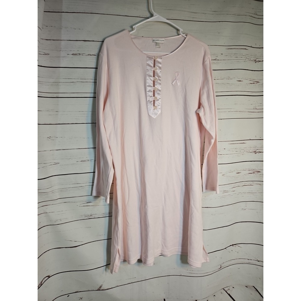 Miss Elaine Pink Ribbon Breast Cancer Awareness Nightgown Henley Sleep Shirt L